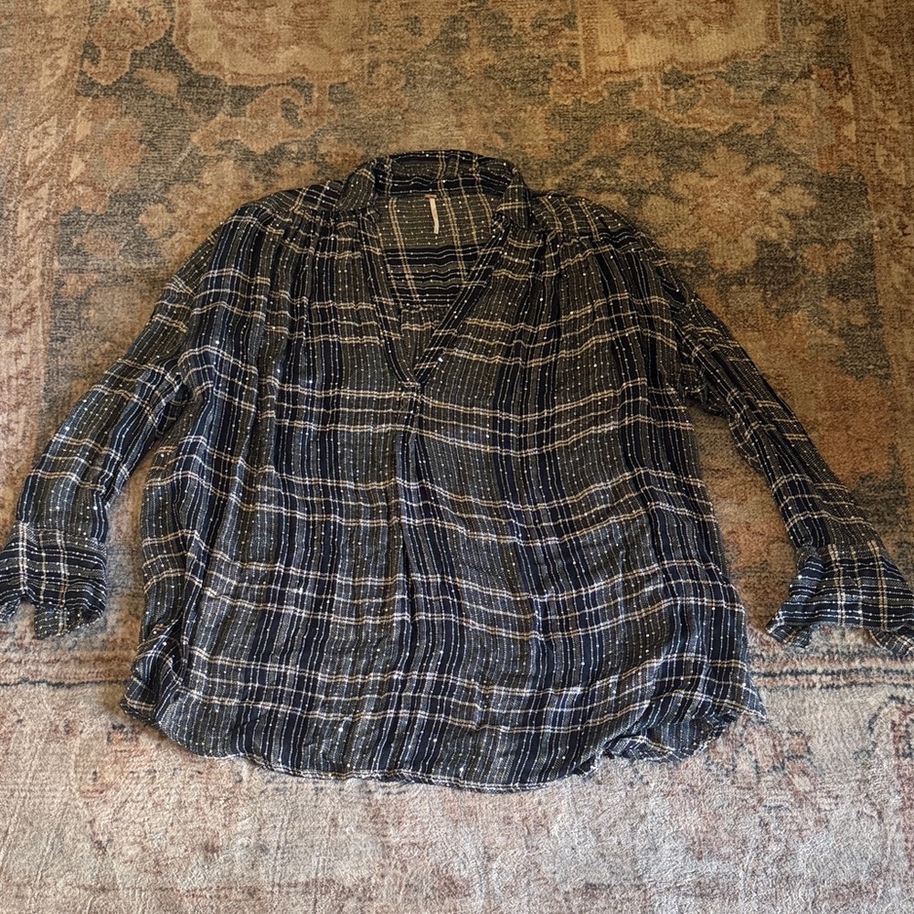 Free People Black and White Plaid Lightweight Button-Front Blouse